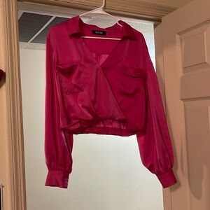 Hot Pink satin long sleeve crop top